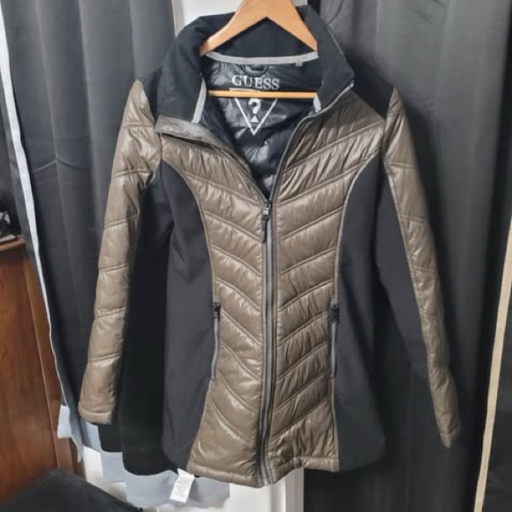 GUESS Two-Tone Quilted Brown and Black Puffer Jacket